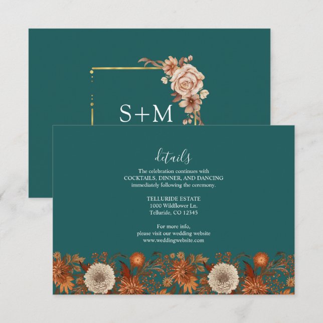 Fall Teal Watercolor Terracotta Floral wedding Enclosure Card (Front/Back)
