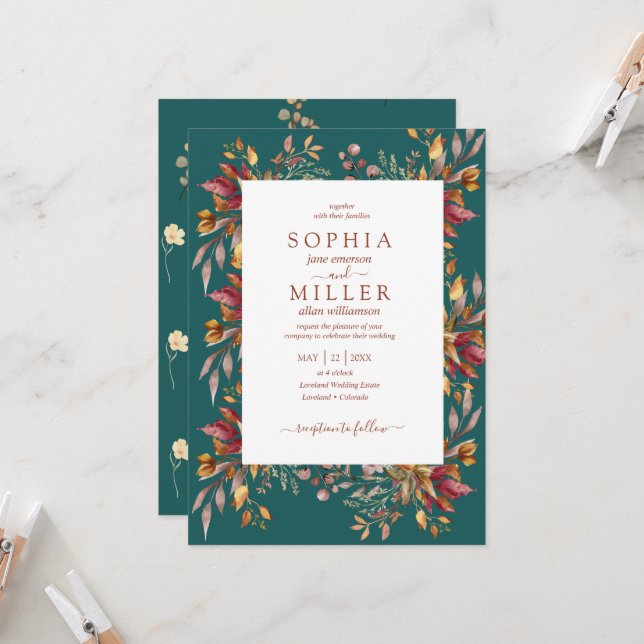 Fall Teal Watercolor Terracotta  Floral wedding Invitation (Front/Back In Situ)