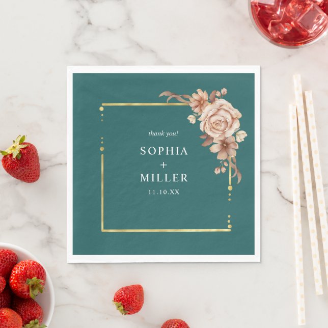 Fall Teal Watercolor Terracotta Floral wedding Napkin (Insitu)