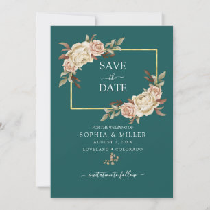 Fall Teal Watercolor Terracotta Floral wedding Save The Date