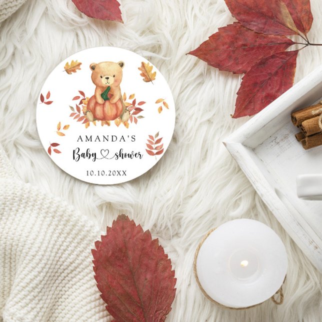 Fall teddy bear Baby Shower Classic Round Sticker (Creator Uploaded)