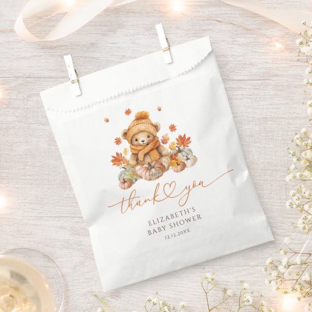 Fall Teddy Bear Pumpkin Baby Shower Favour Bag (Clipped)