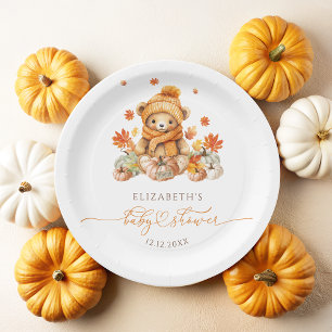 Fall Teddy Bear with Pumpkins Baby Shower Paper Plate