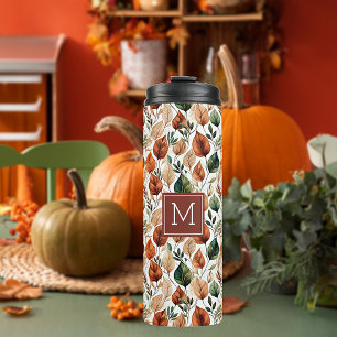 Fall terra cotta and sage leaves pattern monogram thermal tumbler