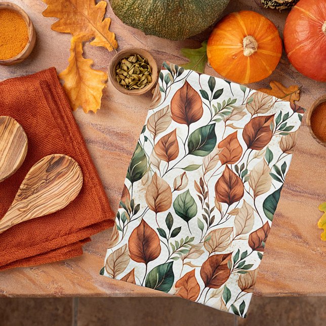 Fall terra cotta and sage leaves pattern tea towel (Creator Uploaded)