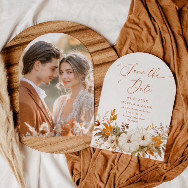 Fall terracotta Arch Modern Photo Save the Date Invitation (Creator Uploaded)