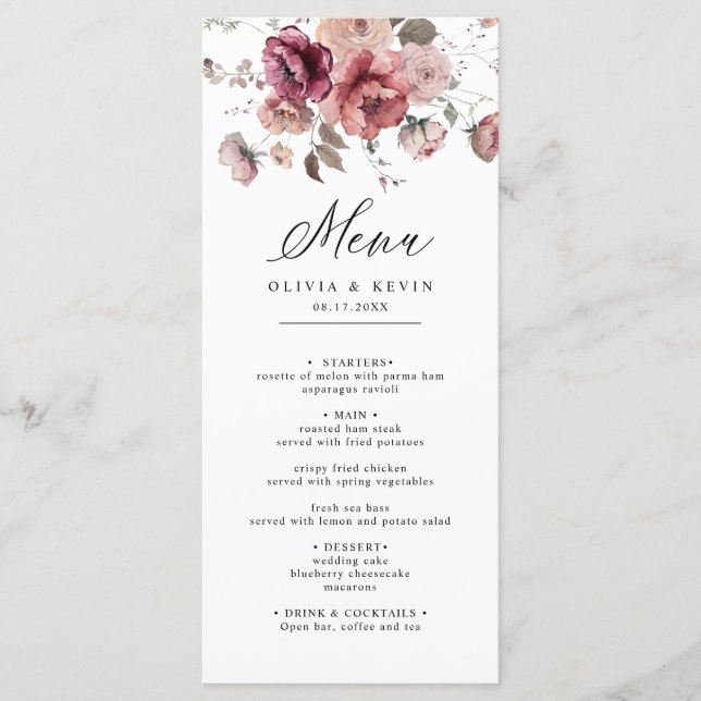 Fall Terracotta Burgundy Earthy Floral Wedding  Menu (Front)