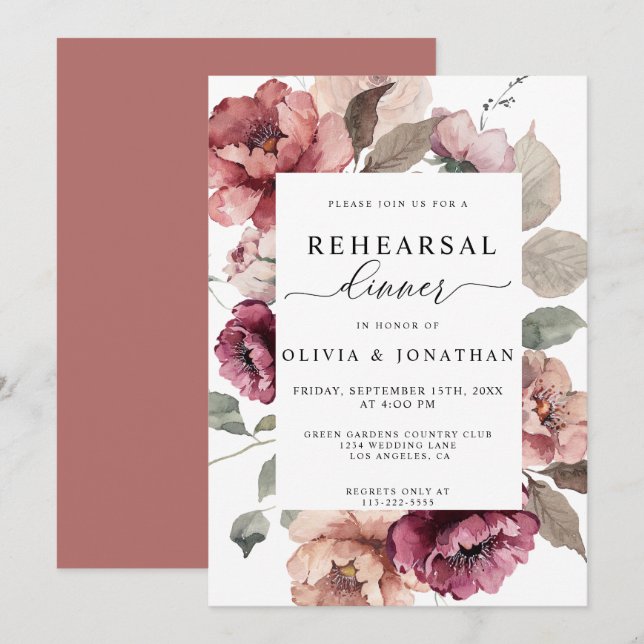 Fall Terracotta Burgundy Floral Rehearsal Dinner Invitation (Front/Back)