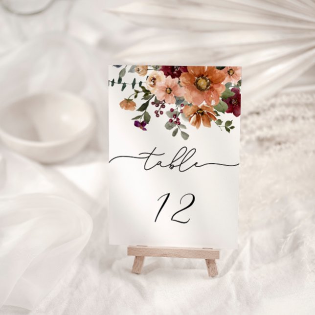Fall Terracotta Burgundy Floral Wedding Table Number (Creator Uploaded)