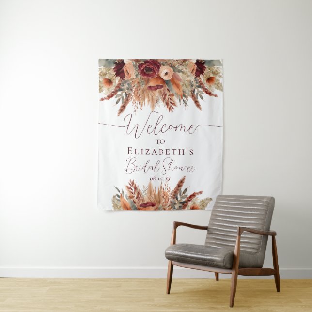 Fall Terracotta Burgundy Florals Pampas Backdrop Tapestry (In Situ)
