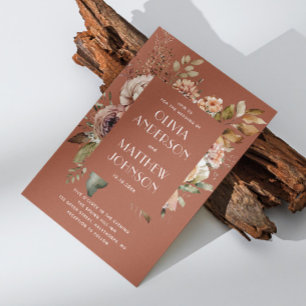 Fall terracotta floral wedding QR code details Invitation
