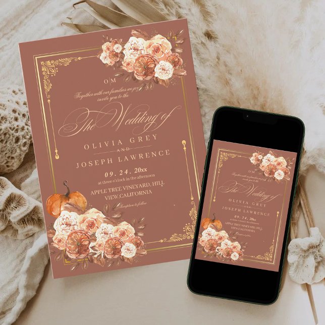 Fall Terracotta Gold Floral Boho Rustic Wedding  Invitation (Creator Uploaded)