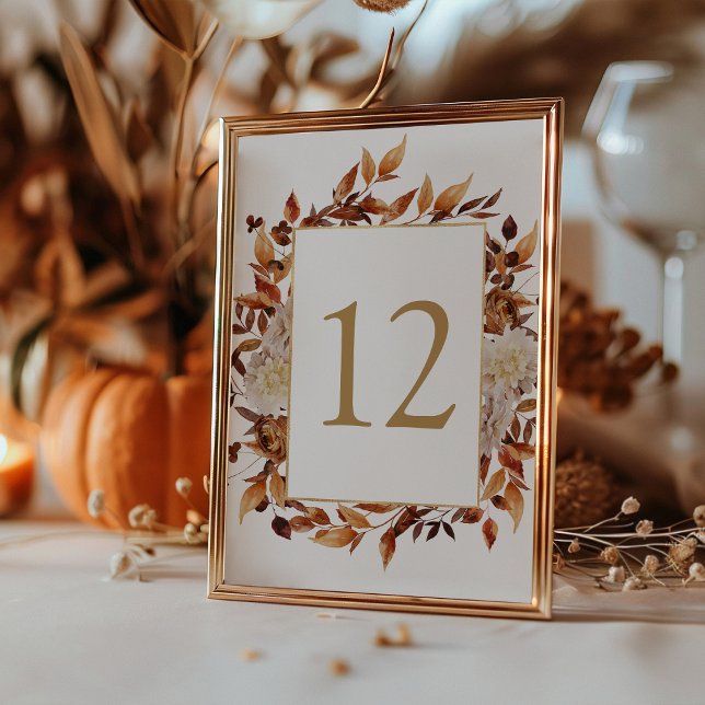 Fall Terracotta Leaves Botancial Wedding Table Number (Elegant Fall Terracotta Leaves Botancial Wedding Table Number Sign by Painted Paperie
)