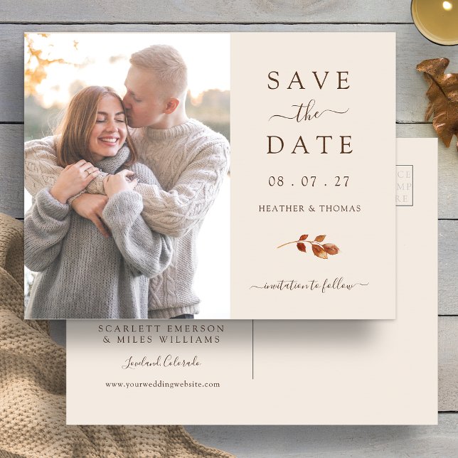 Fall Terracotta Leaves Wedding Photo Save The Date Announcement Postcard (Fall Terracotta Leaves Wedding Photo Save The Date Announcement Postcard by Painted Paperie
)