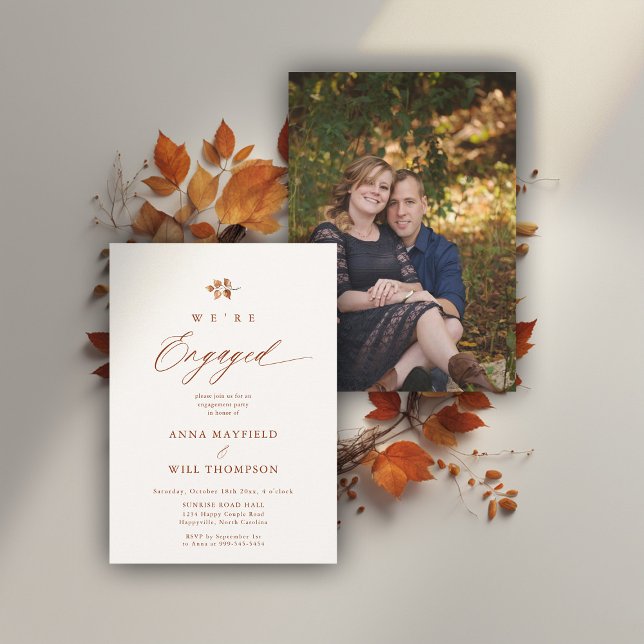 Fall Terracotta Modern Simple Engagement Photo Invitation (fall engagement party invitation botanical leaf calligraphy terracotta elegant modern photo)
