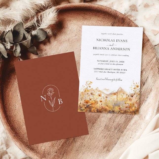 Fall Terracotta Mountain Wildflower Rustic Wedding Invitation (Creator Uploaded)