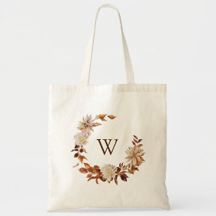 Fall Terracotta Watercolor Leaves Wreath Monogram Tote Bag