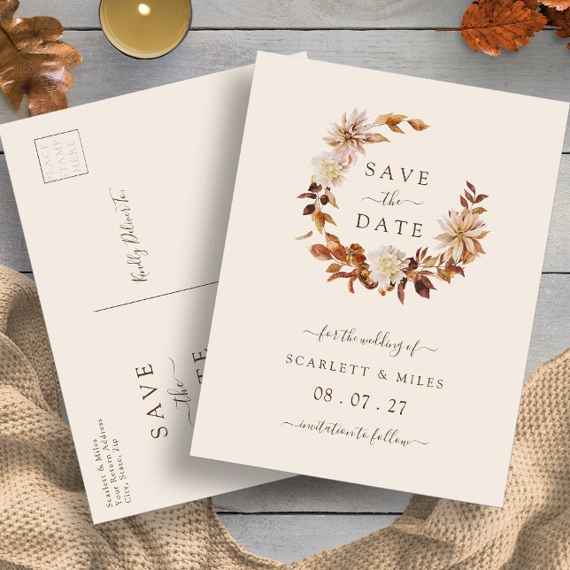 Fall Terracotta Wreath Wedding Save the Dates Announcement Postcard (Fall Terracotta Wreath Wedding Save the Dates Announcement Postcard by Painted Paperie
)