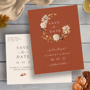 Fall Terracotta Wreath Wedding Save the Dates Announcement Postcard