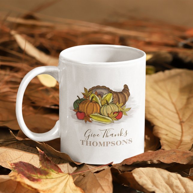 Fall Thanksgiving Cornucopia Personalised Coffee Mug (Give thanks watercolor cornucopia.)