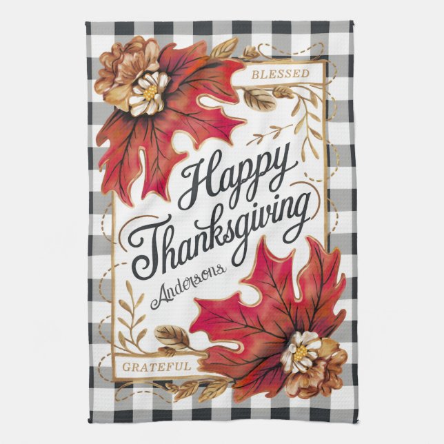 Fall Thanksgiving Maple Leaves Gingham Custom Tea Towel (Vertical)