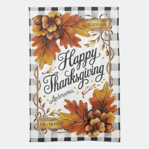 Fall Thanksgiving Oak Leaves Gingham Custom Tea Towel