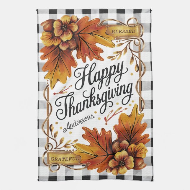 Fall Thanksgiving Oak Leaves Gingham Custom Tea Towel (Vertical)