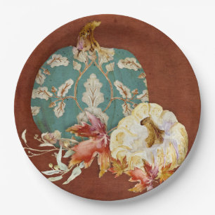 Fall Thanksgiving Pumpkin Scroll Pattern Leaf Art Paper Plate