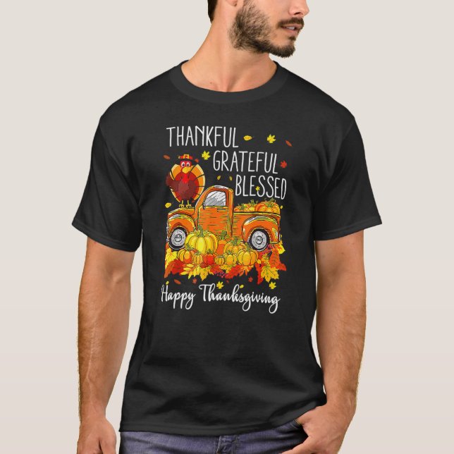 Fall Thanksgiving Turkey Pilgrim Thankful Grateful T-Shirt (Front)