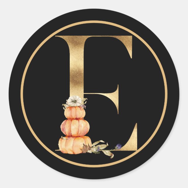 FALL THEME GOLD MONOGRAM E WITH PUMPKINS CLASSIC ROUND STICKER (Front)
