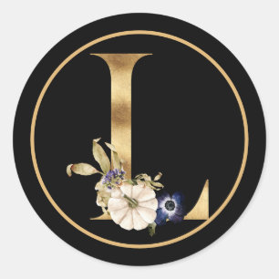 FALL THEME GOLD MONOGRAM L WITH PUMPKINS  CLASSIC ROUND STICKER