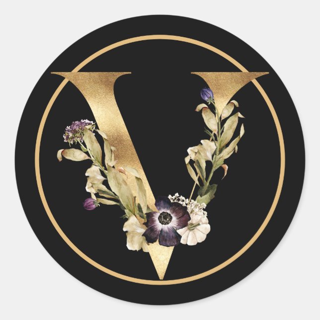 FALL THEME GOLD MONOGRAM V WITH FLOWERS CLASSIC ROUND STICKER (Front)