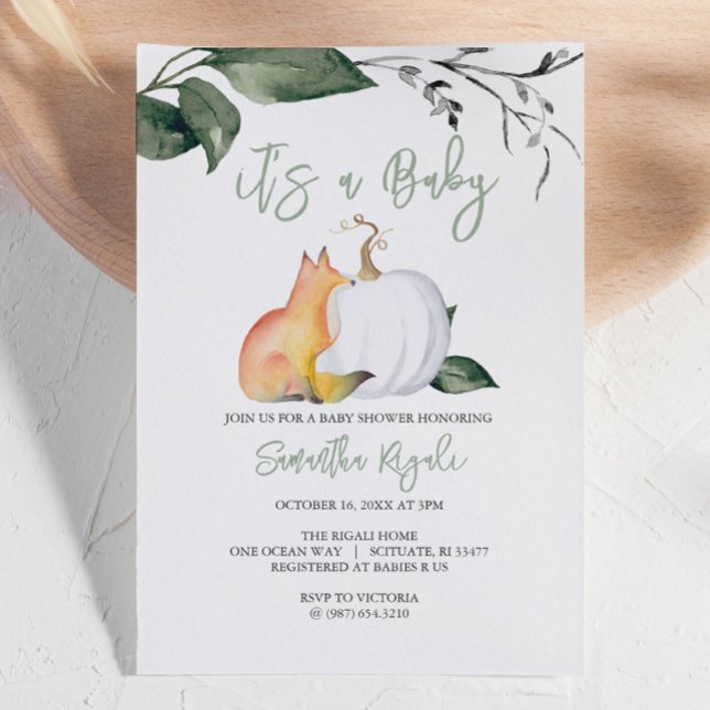 Fall-themed baby shower invitations (Autumn-themed baby shower invites woodland fox and white pumpkin gender neutral)