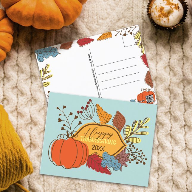 Fall-Themed Leaves Berries Pumpkin Thanksgiving  Postcard (Creator Uploaded)