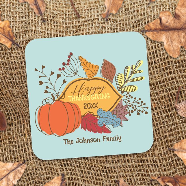 Fall-Themed Leaves Berries Pumpkin Thanksgiving  Square Sticker (Creator Uploaded)