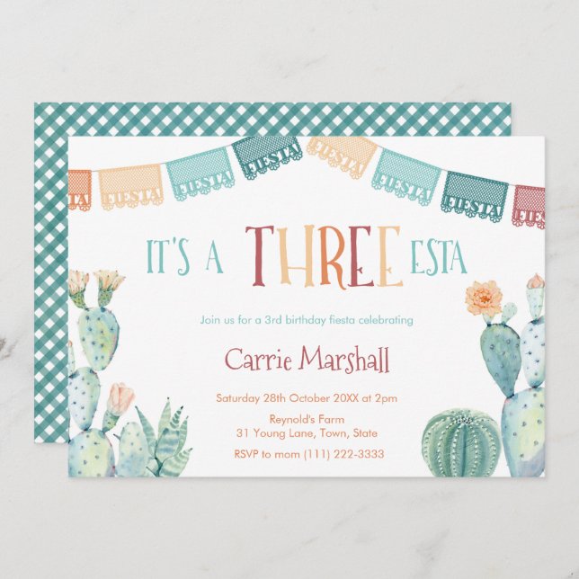 Fall Three-ESTA Girl 3rd Birthday Party Fiesta Invitation (Front/Back)