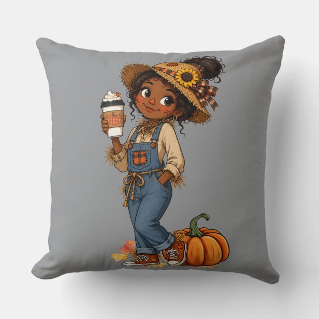 Fall Throw Pillow with Cute Scarecrow Girl (Front)