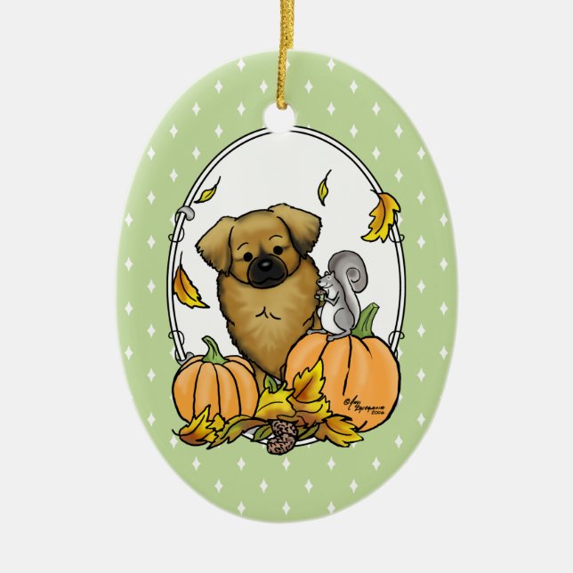Fall Tibetan Spaniel (Brown) Dog Pumpkins Cute Ceramic Ornament (Front)