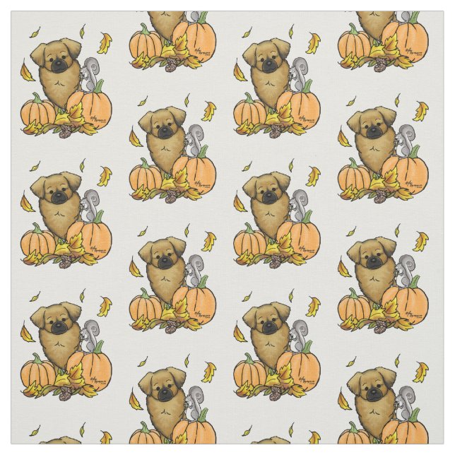 Fall Tibetan Spaniel (Brown) Dog Pumpkins Cute Fabric (Swatch)