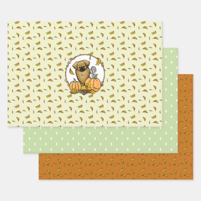 Fall Tibetan Spaniel (Brown) Dog Pumpkins Cute Wrapping Paper Sheet (Set)