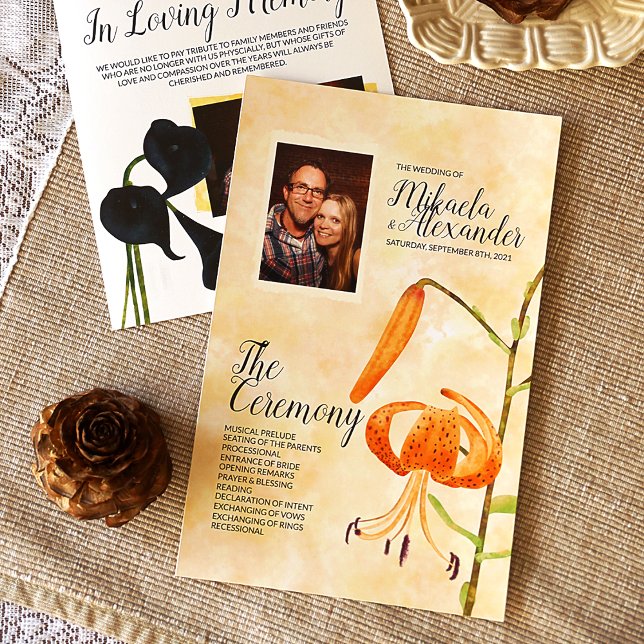 Fall Tiger Lilies Wedding Ceremony Program (Wedding Ceremony Program with Orange Tiger Lily and Dark Blue Calla Lilies, Fall Wedding Colors)