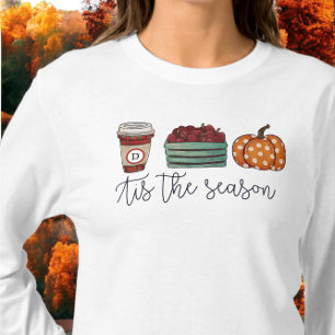 Fall Tis the Season Coffee Apples Pumpkin Monogram T-Shirt