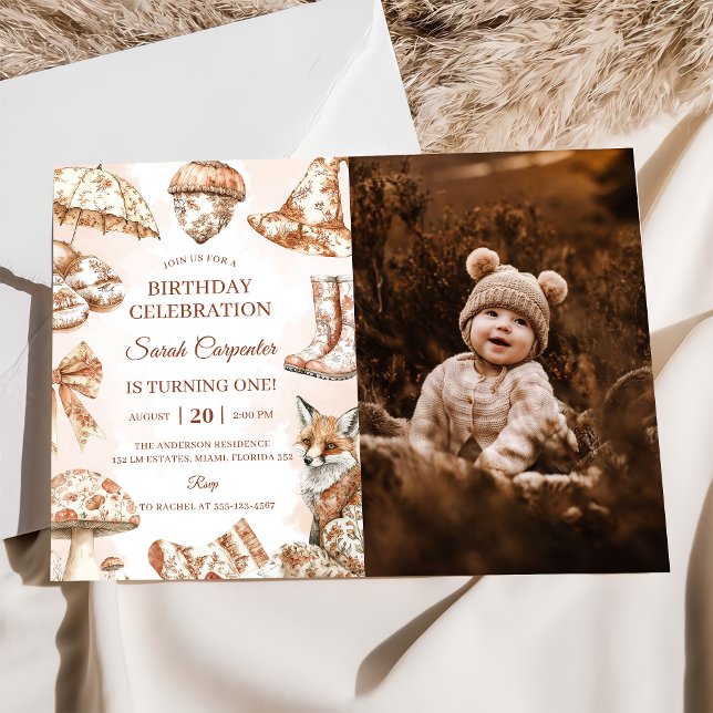 Fall Toile De Jouy Woodland Theme Birthday Photo Invitation (Creator Uploaded)