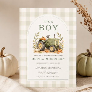 Fall Tractor It's a Boy Gingham Baby Shower Invitation