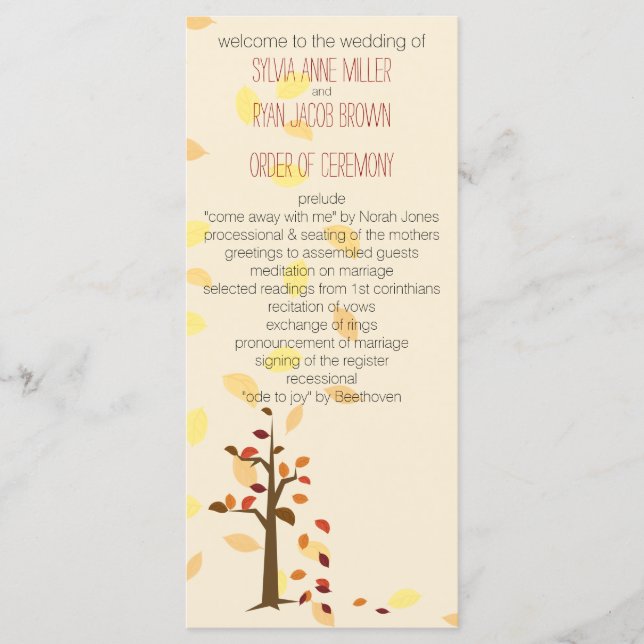 fall tree, autumn brown leaves  wedding program (Front)
