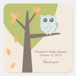 Fall Tree Branch Blue Owl Baby Shower Favour Square Sticker