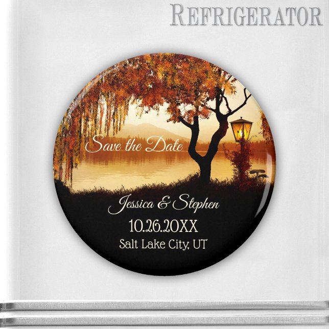 Fall Tree Lake View Save the Date Magnet (A fall Save the Date magnet featuring a colorful autumn tree and festive lantern overlooking a lake.)
