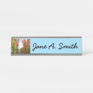 Fall Trees and Blue Sky Autumn Nature Photography Desk Name Plate