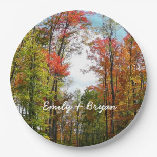 Fall Trees and Blue Sky Autumn Nature Photography Paper Plate