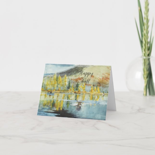 Fall trees and swimming elk with customisable text card (Front)